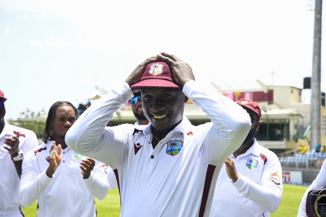 Kevlon Anderson wears his Test cap, West Indies vs Australia, 3rd Test, Kingston, Day 1, July 12, 2025