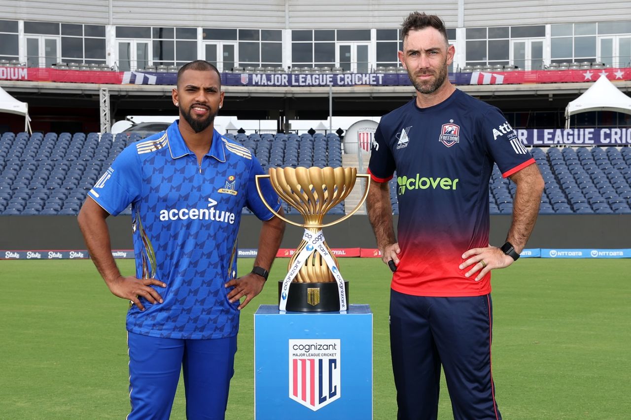 Nicholas Pooran and Glenn Maxwell pose with the MLC trophy, Dallas, July 12, 2025