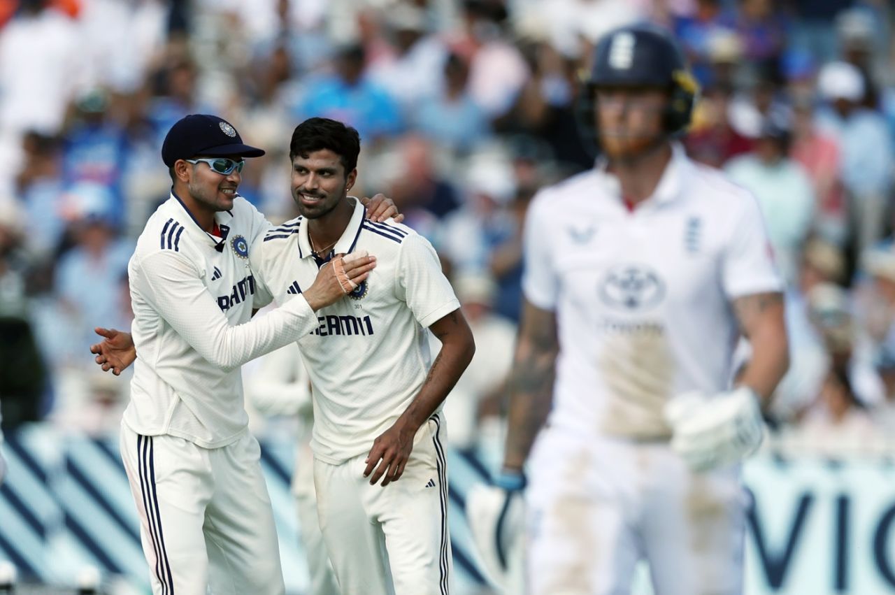 Washington Sundar celebrates Ben Stokes' wicket with Shubman Gill, England vs India, 3rd Test, Lord's, 4th day, July 13, 2025