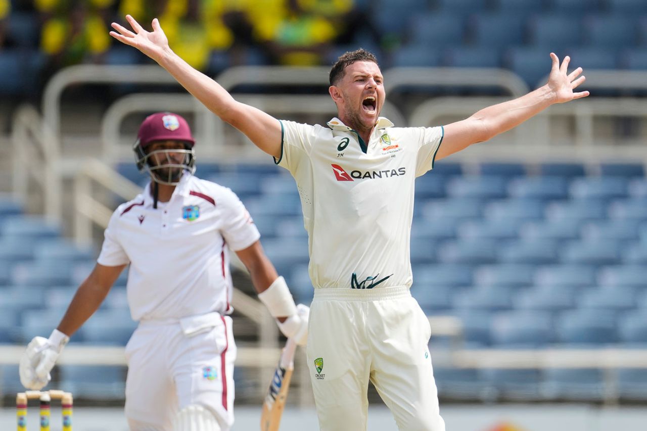 Josh Hazlewood gave Australia their first breakthrough of the day, West Indies vs Australia, 3rd Test, Kingston, Day 2, July 13, 2025