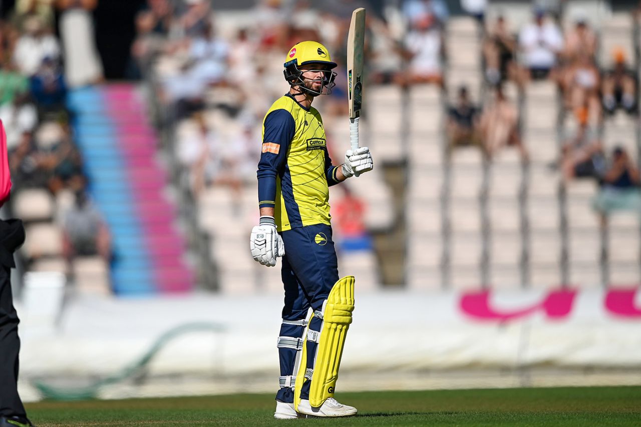 James Vince raises his bat on reaching fifty, Hampshire vs Sussex, Men's T20 Blast, Utilita Bowl, July 13, 2025