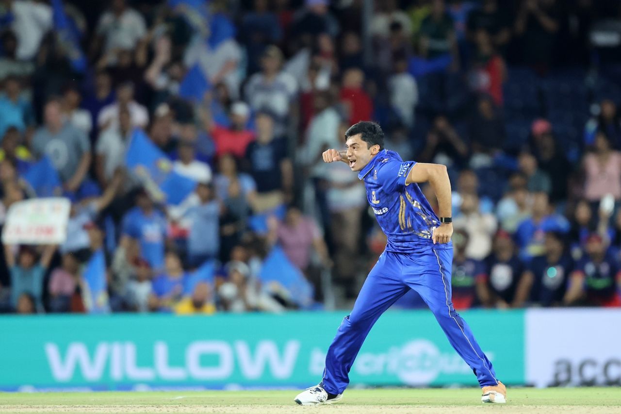 Rushil Ugarkar exults after the final delivery, MI New York vs Washington Freedom, MLC 2025 final, Dallas, July 13, 2025