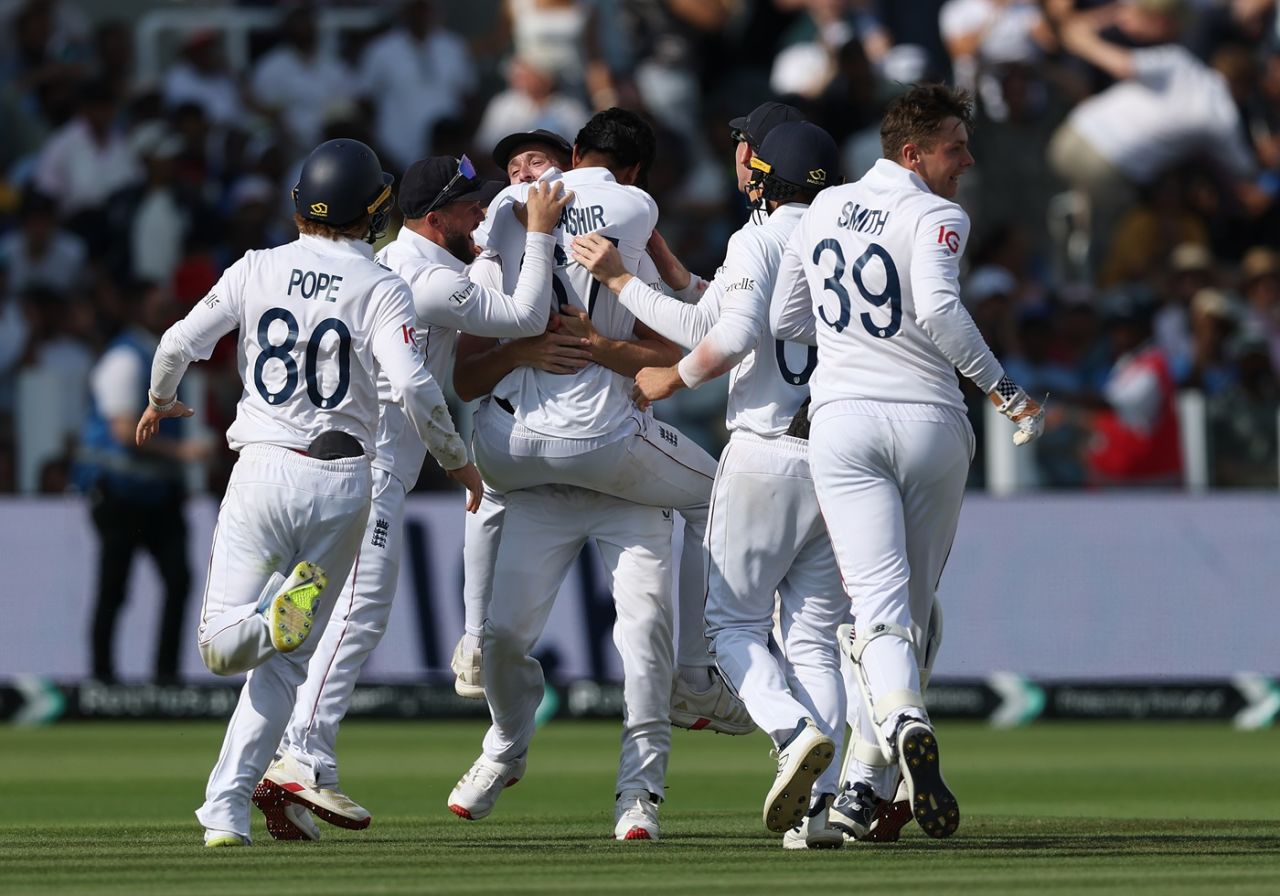 Shoaib Bashir is engulfed by team-mates after he picked up the last wicket, England vs India, 3rd Test, Lord's, fifth day, July 14, 2025