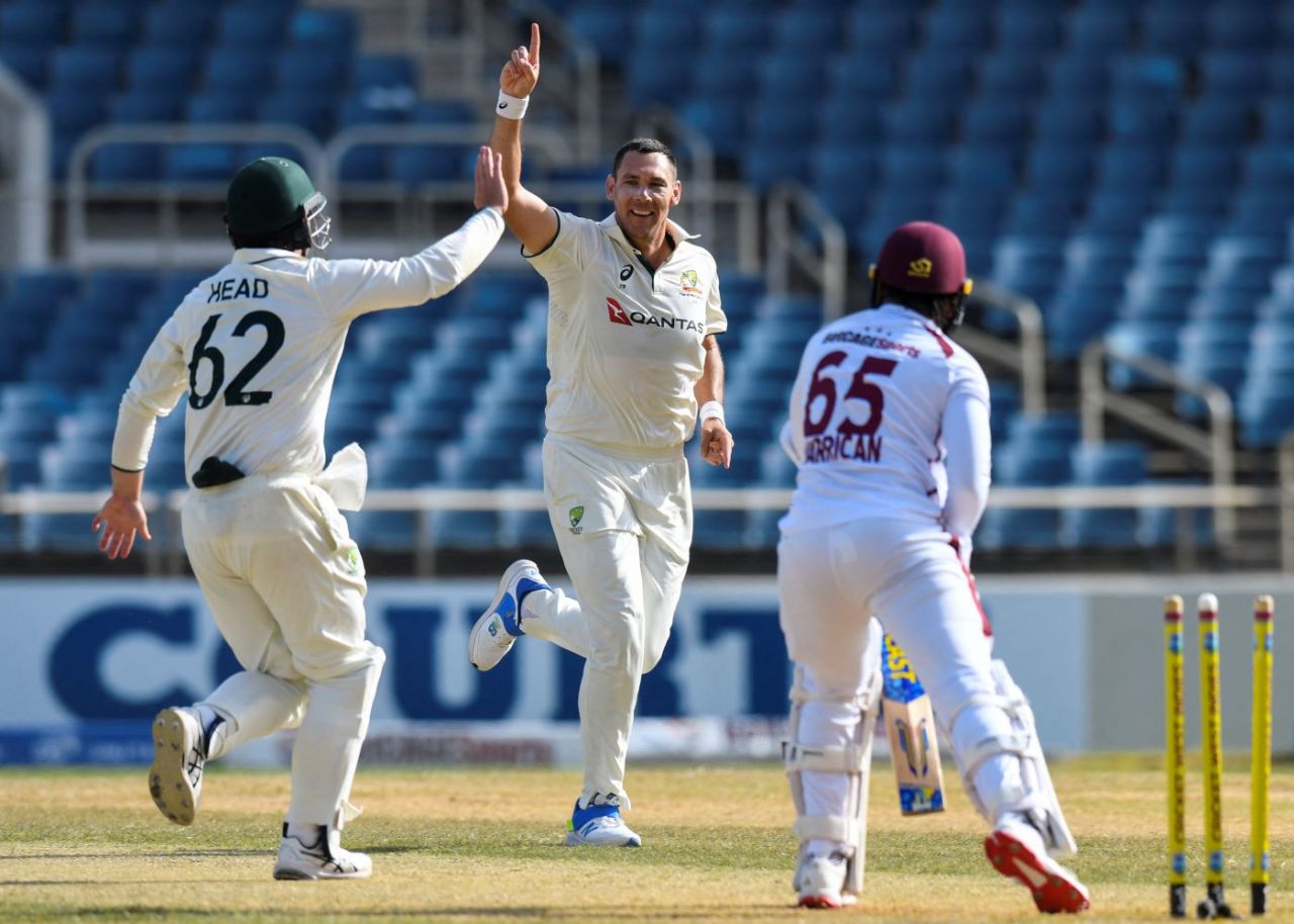 Scott Boland celebrates a Test hat-trick, West Indies vs Australia, 3rd Test, Kingston, Day 3, July 14, 2025