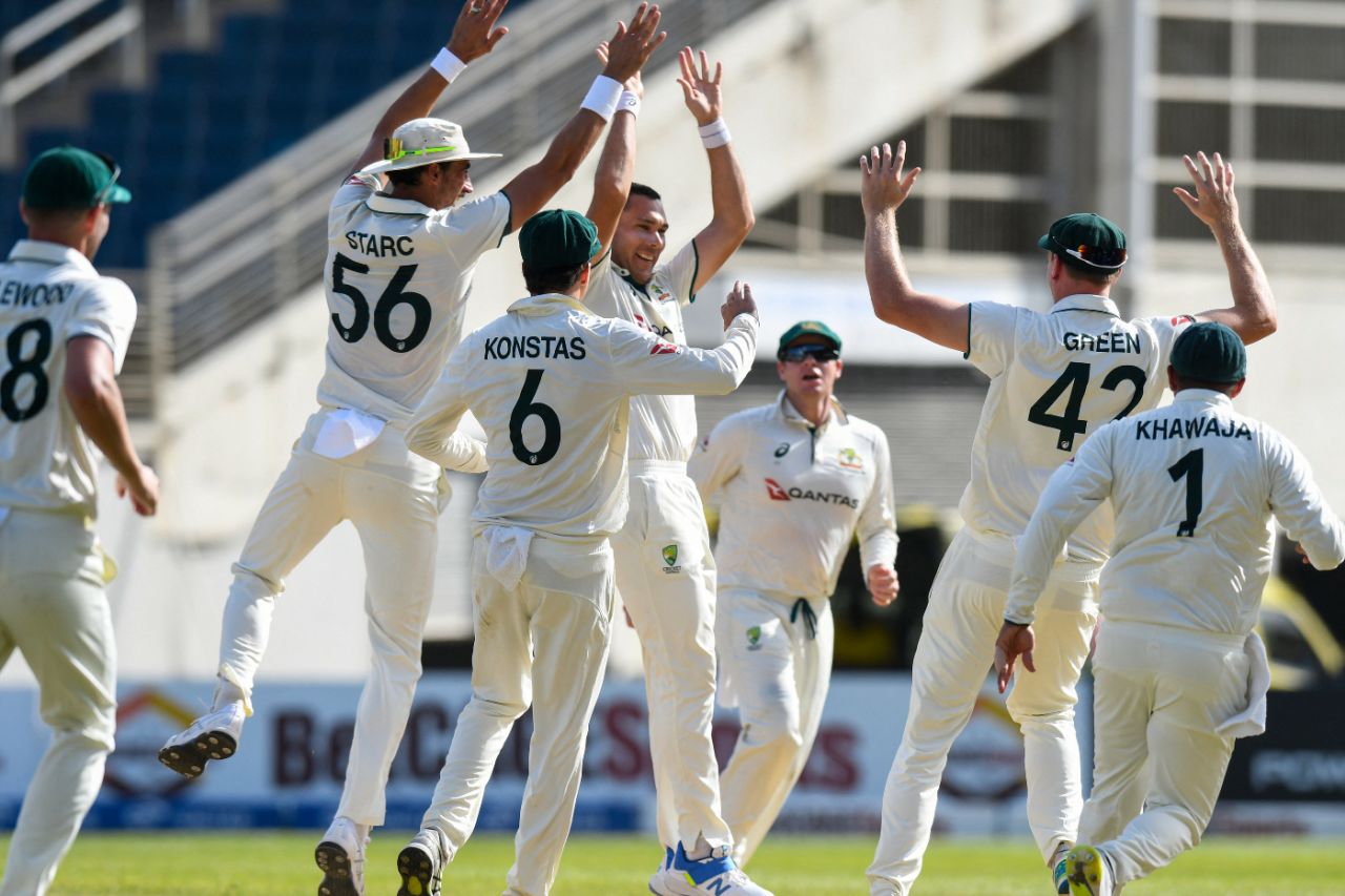 Scott Boland takes the plaudits after sealing his hat-trick, West Indies vs Australia, 3rd Test, Kingston, Day 3, July 14, 2025