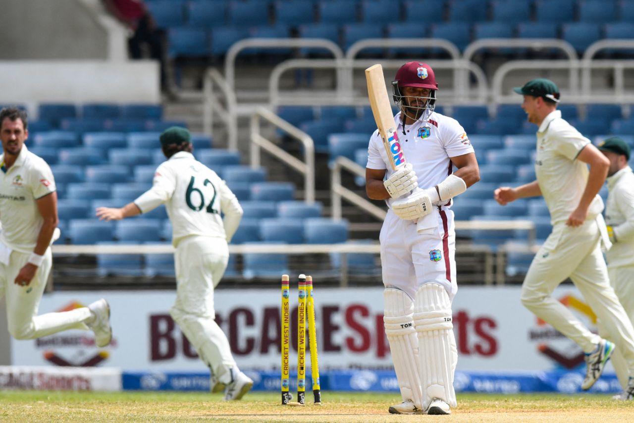 Brandon King surveys the wreckage after becoming the third dismissal in Mitchell Starc's opening over, West Indies vs Australia, 3rd Test, Kingston, Day 3, July 14, 2025