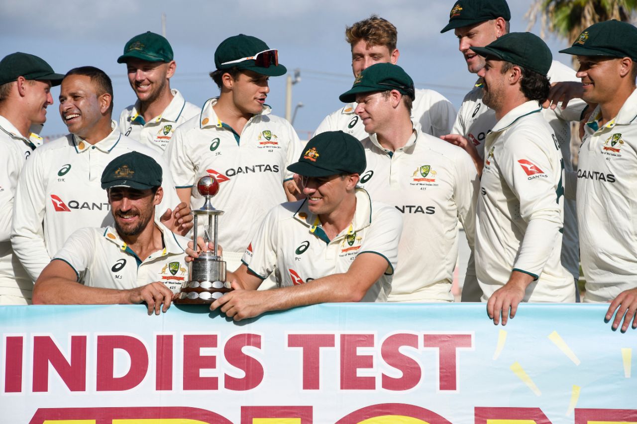 Mitchell Starc and Pat Cummins lead the trophy celebrations, West Indies vs Australia, 3rd Test, Kingston, Day 3, July 14, 2025