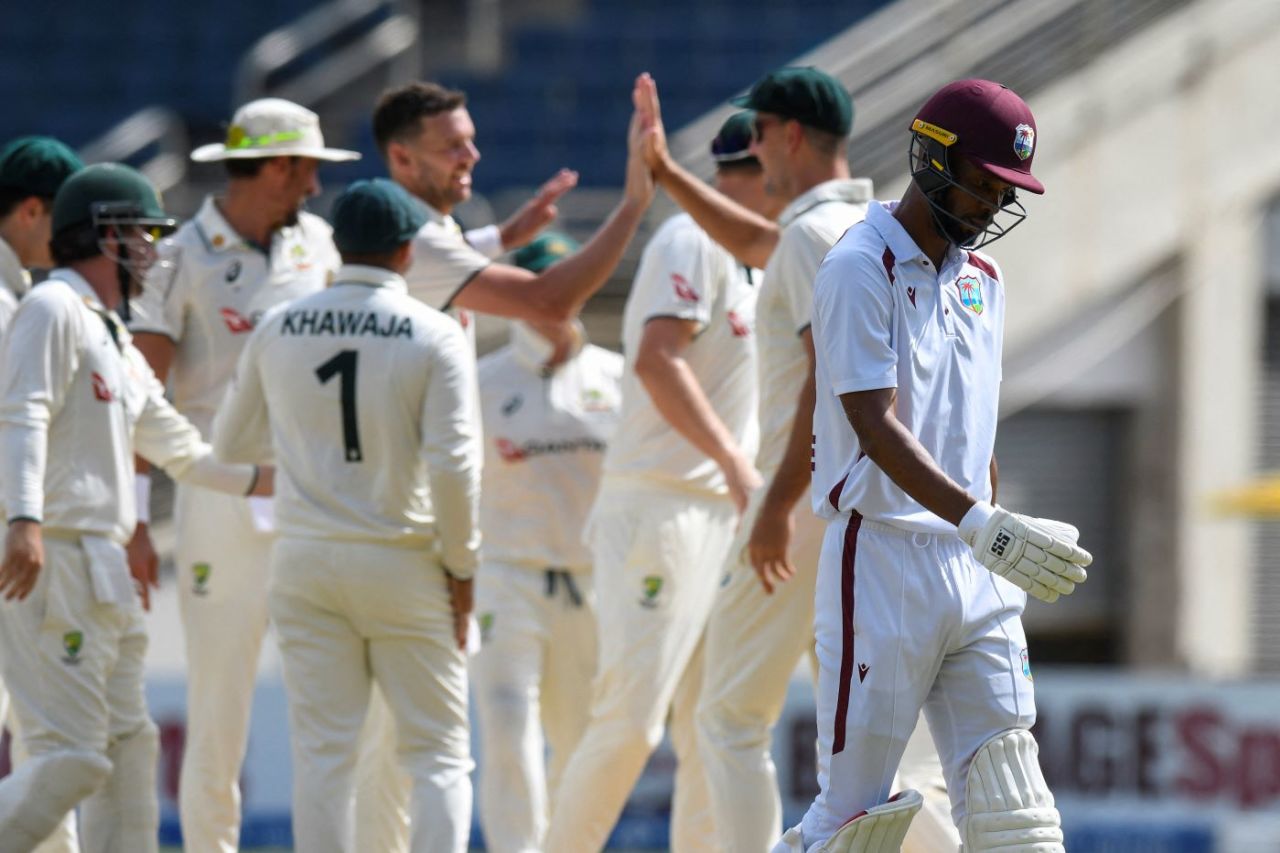 Roston Chase was one of seven West Indies batters to be dismissed for a duck, West Indies vs Australia, 3rd Test, Kingston, Day 3, July 14, 2025