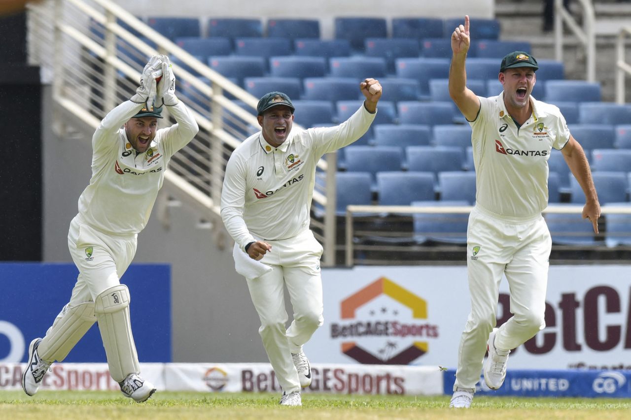 Josh Inglis, Usman Khawaja and Beau Webster celebrate a dismissal, West Indies vs Australia, 3rd Test, Kingston, Day 3, July 14, 2025