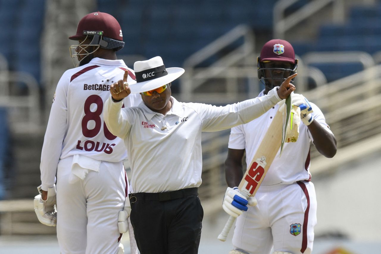 Nitin Menon signals for a review by Kevlon Anderson, West Indies vs Australia, 3rd Test, Kingston, Day 3, July 14, 2025