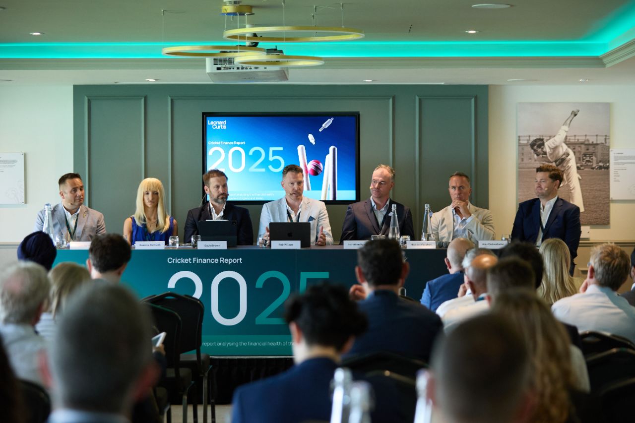 The authors of Leonard Curtis Cricket Finance Report, including Professor Rob Wilson (centre) and Michael Vaughan (second from right), July 15, 2025