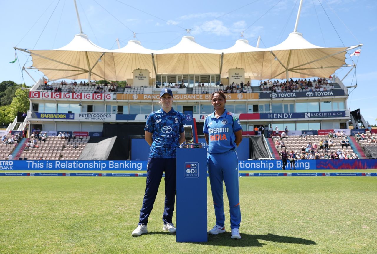 Nat Sciver-Brunt and Harmanpreet Kaur pose with the ODI trophy, England vs India, 1st women's ODI, Southampton, July 16, 2025