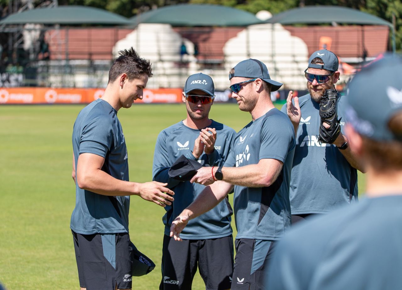 Bevon Jacobs receives his maiden international cap from his Auckland team-mate Jimmy Neesham, New Zealand vs South Africa, Harare, July 16, 2025