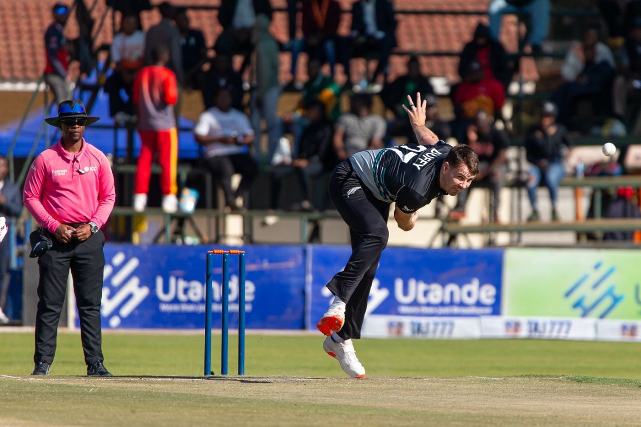 Jacob Duffy bends his back, New Zealand vs South Africa, Harare, July 16, 2025