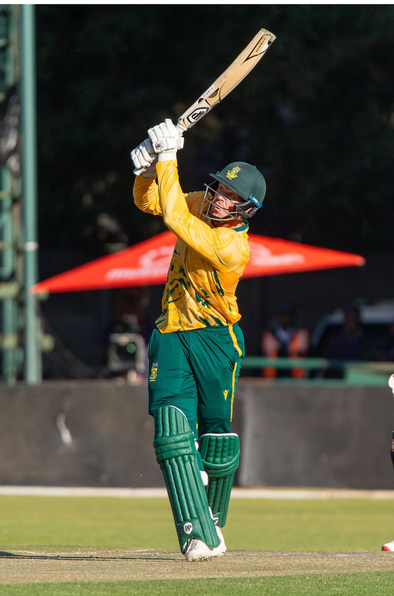 George Linde mows the ball over the leg side, New Zealand vs South Africa, Harare, July 16, 2025