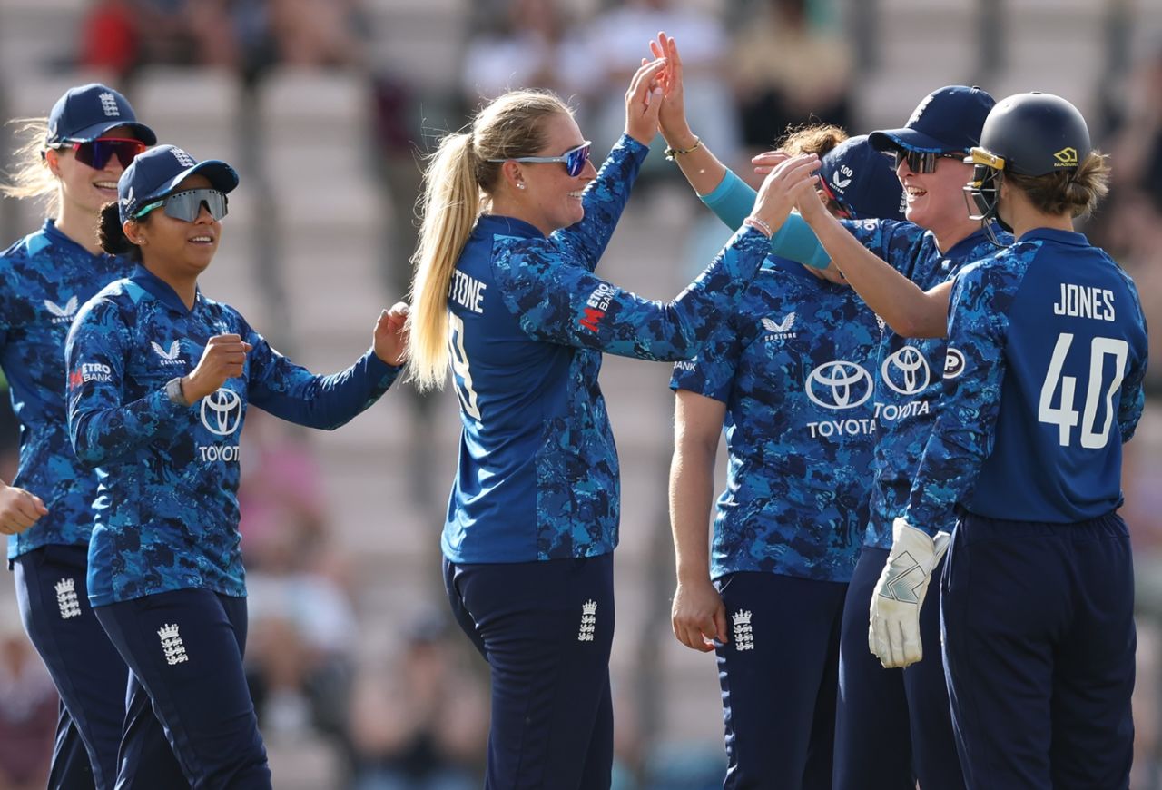 Sophie Ecclestone celebrates the dismissal of Pratika Rawal, England vs India, 1st women's ODI, Southampton, July 16, 2025