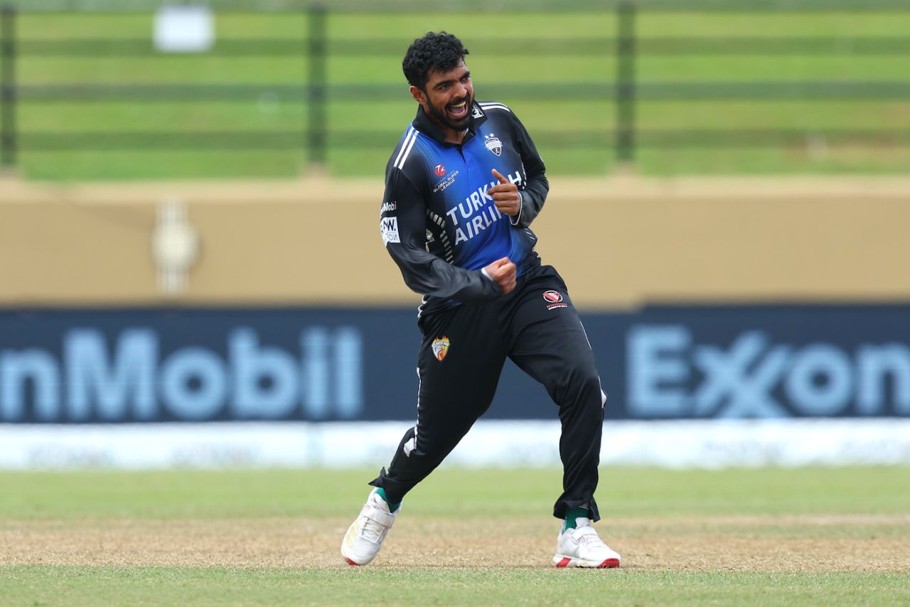 Saif Hassan took a match-winning 3 for 20, Dubai Capitals vs Rangpur Riders, GSL, Guyana, July 16, 2025