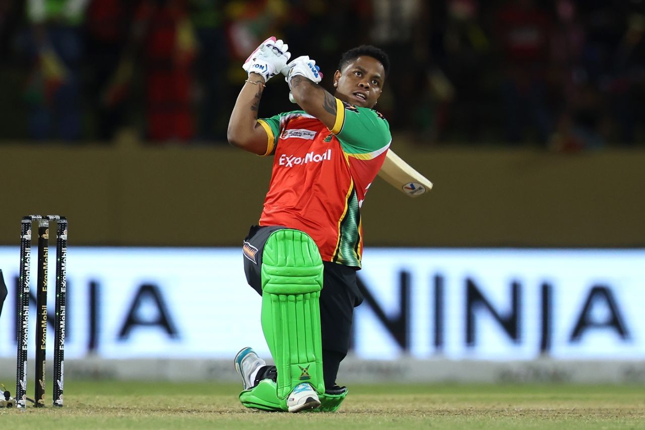 Shimron Hetmyer crashed six sixes in his knock of 39 from 10 balls, Guyana Amazon Warriors vs Hobart Hurricanes, GSL, Providence, July 16, 2025