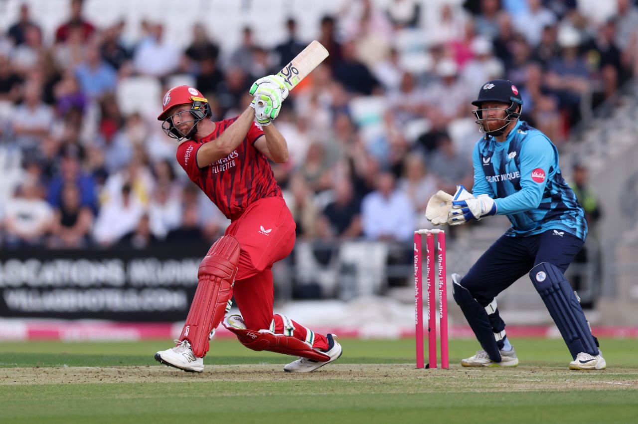 Jos Buttler thumps another boundary as Jonny Bairstow looks on, Yorkshire vs Lancashire, Men's Vitality Blast, Headingley, July 17, 2025