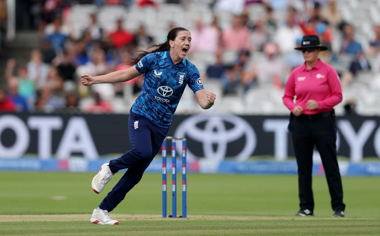 Em Arlott wheels away after striking with her fourth ball, England vs India, 2nd women's ODI, Lord's, London, July 19, 2025
