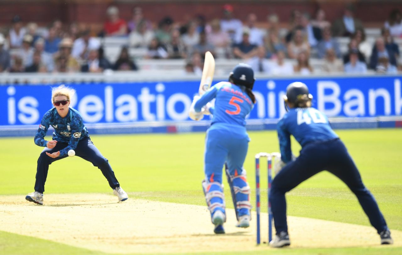 Charlie Dean fields off her own bowling, England vs India, 2nd women's ODI, Lord's, London, July 19, 2025