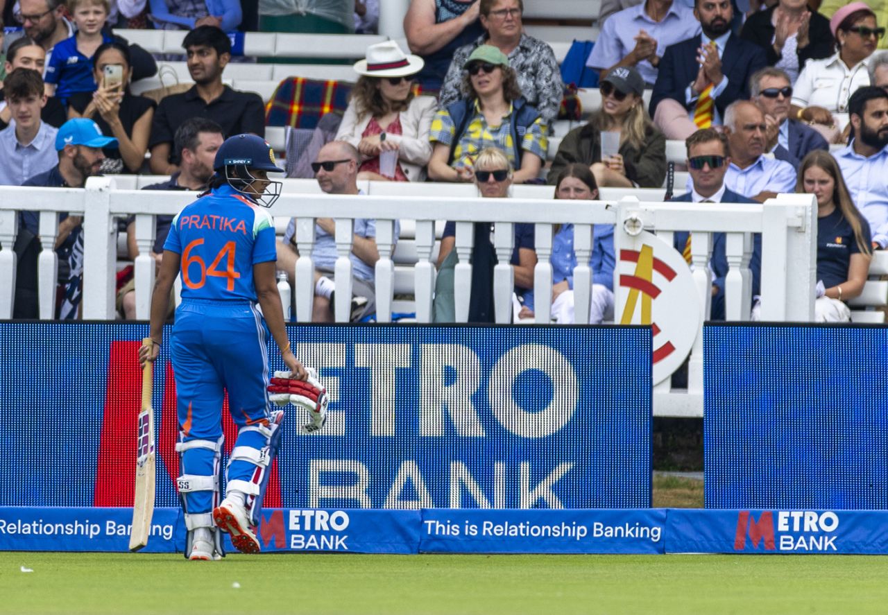 Pratika Rawal walks back after being dismissed, England vs India, 2nd women's ODI, Lord's, London, July 19, 2025