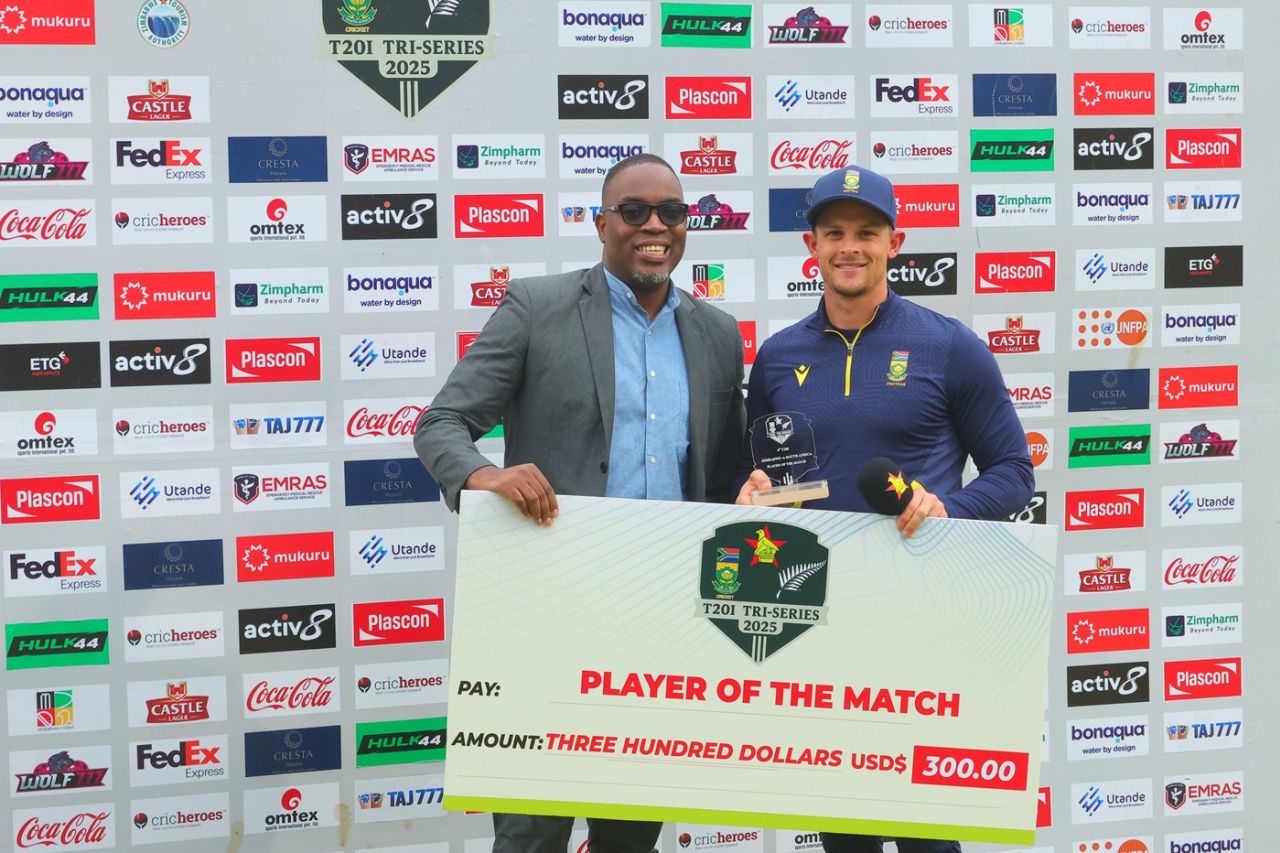 Rubin Hermann was the Player of the Match in just his third T20I, Zimbabwe vs South Africa, Men's T20I tri-series, Harare, July 20, 2025