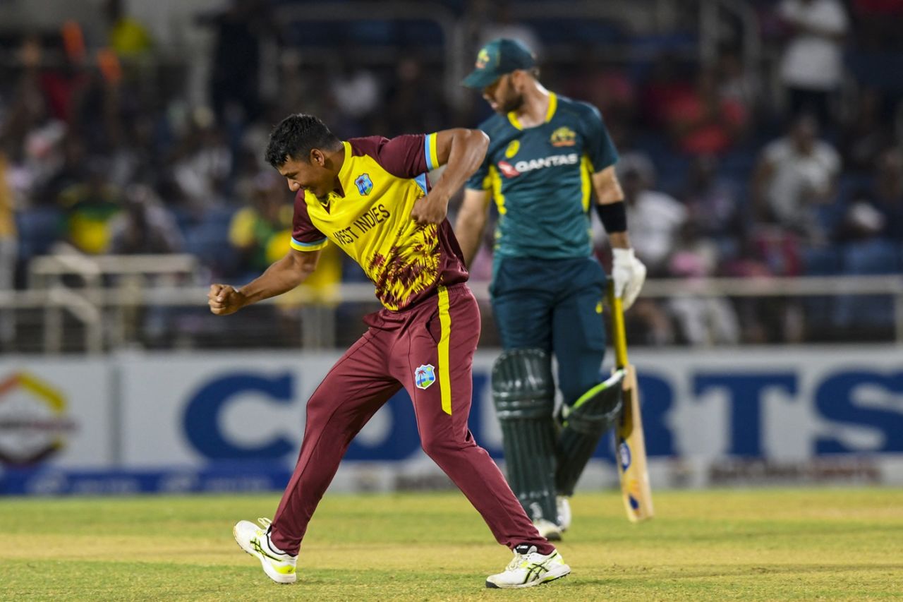 Gudakesh Motie celebrates a wicket, West Indies vs Australia, 1st T20I, Jamaica, July 20, 2025