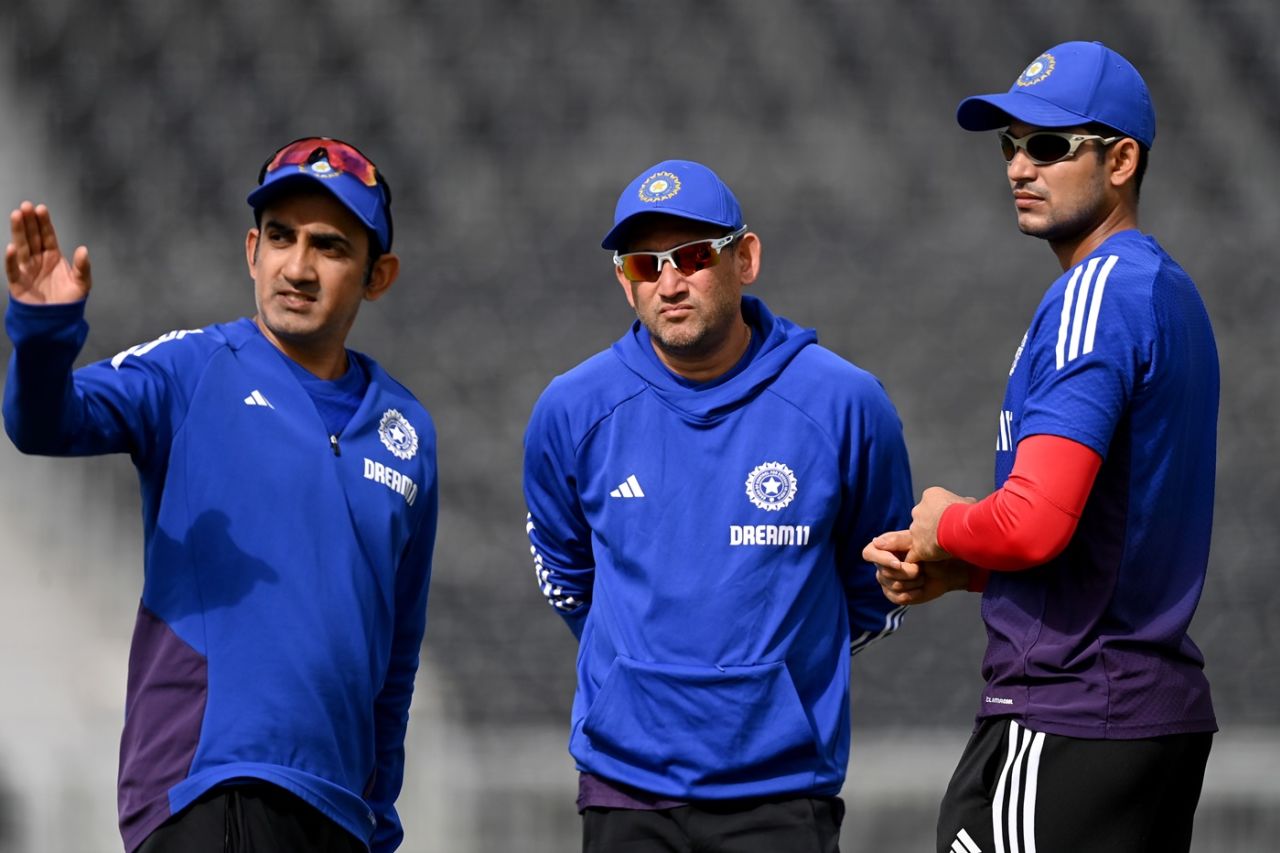 The Indian think tank - head coach Gautam Gambhir, chief selector Ajit Agarkar and captain Shubman Gill, England vs India, 4th Test, Manchester, July 21, 2025