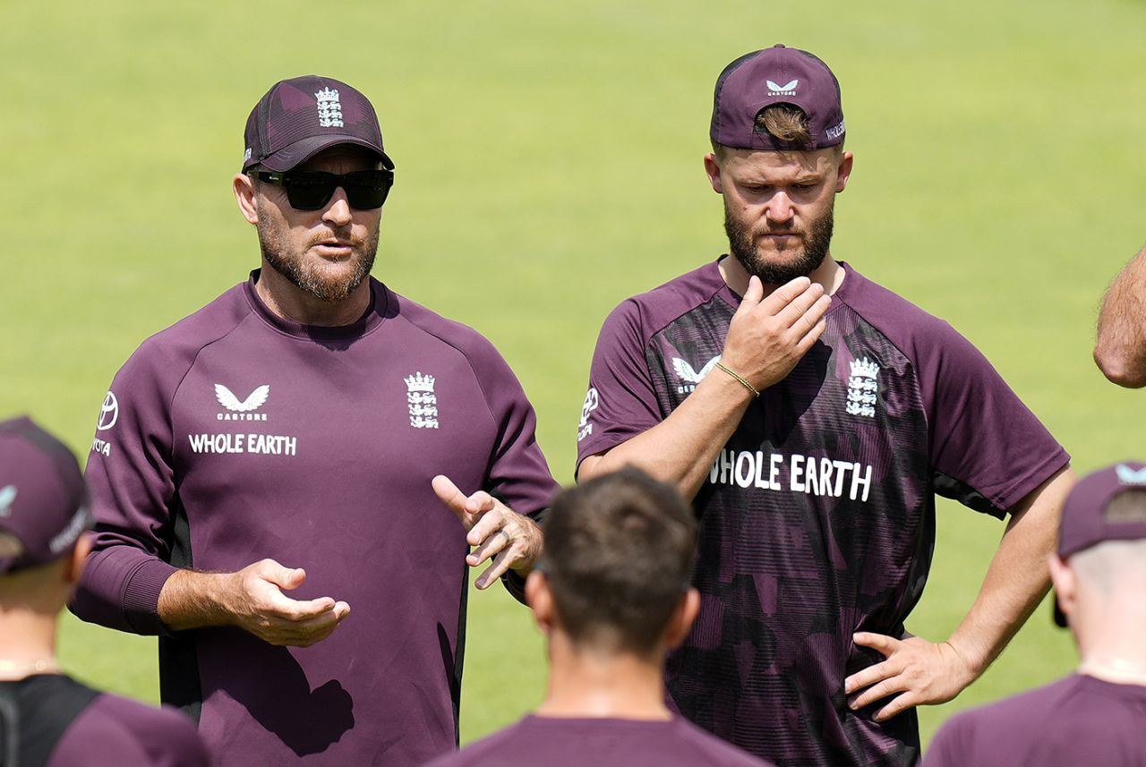 Brendon McCullum addresses the players at England training, Old Trafford, July 21, 2025