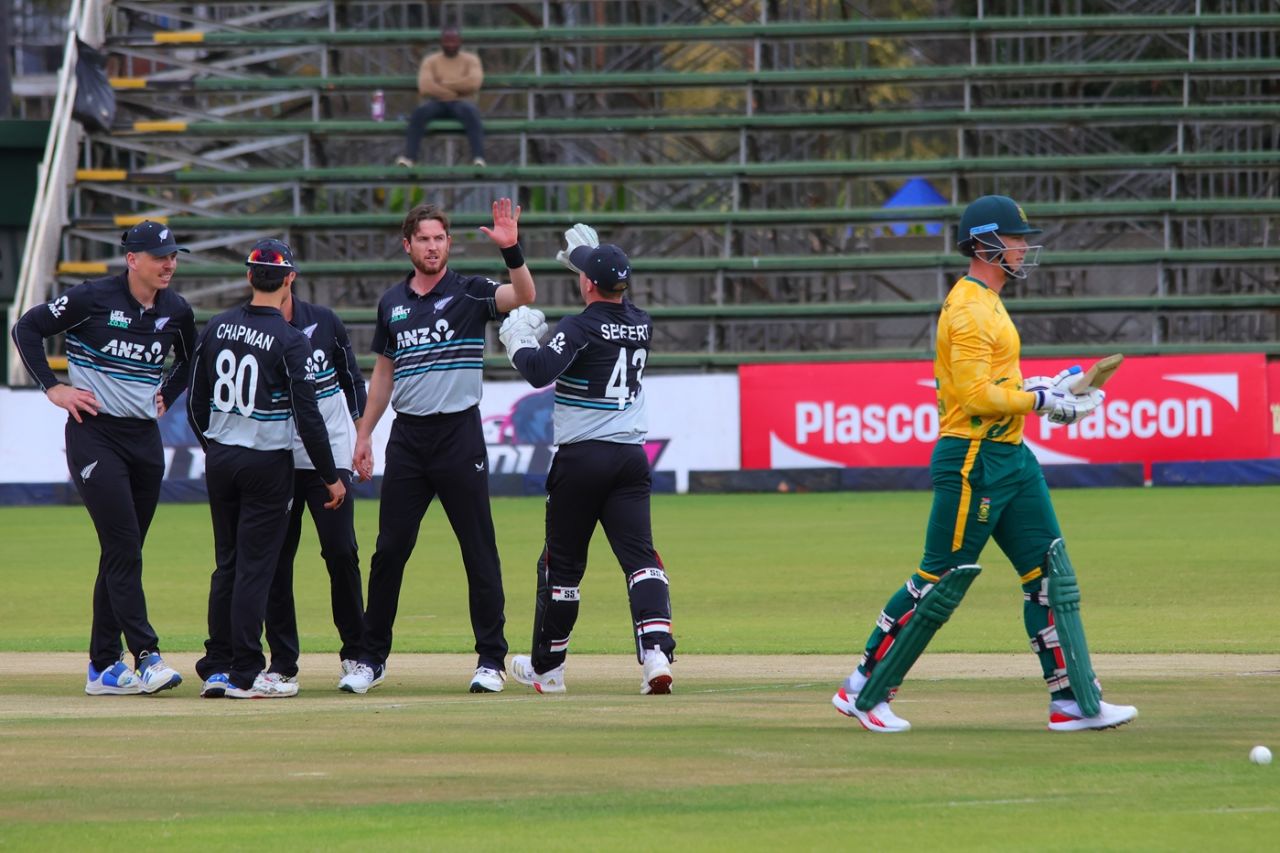 The New Zealand players celebrate a wicket, New Zealand vs South Africa, Harare, Zimbabwe T20I tri-series, July 22, 2025