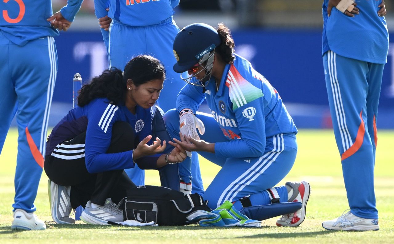 Richa Ghosh gets the physio's attention after copping a blow, England vs India, 3rd women's ODI, Durham, July 22, 2025