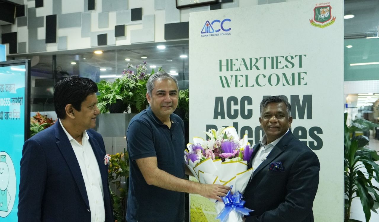 Aminul Islam greets Mohsin Naqvi upon the latter's arrival in Dhaka, Dhaka, July 23, 2025