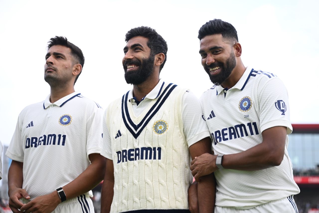 India's pace attack at Old Trafford: debutant Anshul Kamboj, Jasprit Bumrah and Mohammed Siraj, England vs India, 4th Test, Manchester, 1st day, July 23, 2025