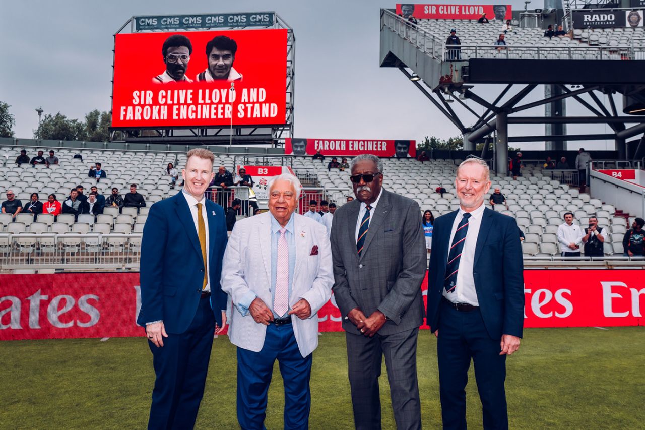 Daniel Gidney, Clive Lloyd, Farokh Engineer and Andy Anson pose in front of the renamed stand, England vs India, 4th Test, Manchester, 1st day, July 23, 2025