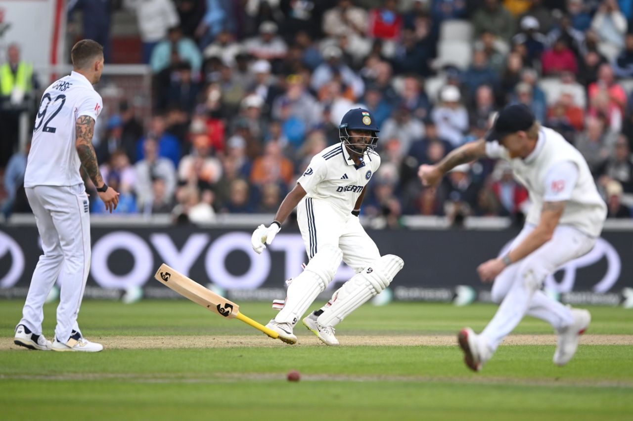 B Sai Sudharsan drops his bat in the middle of a mix-up between the wickets, England vs India, 4th Test, 1st day, Manchester, July 23, 2025