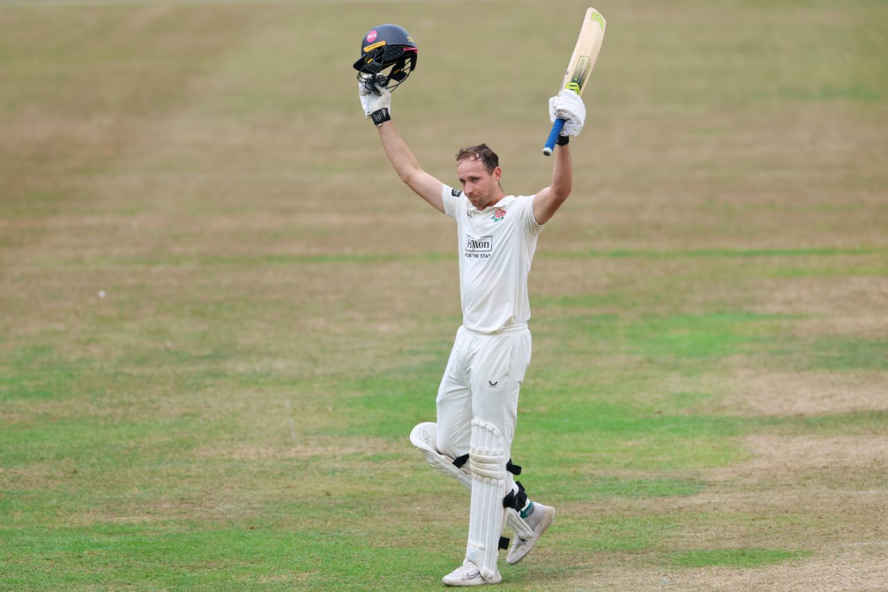 Tom Hartley celebrates his maiden first-class hundred, Gloucestershire vs Lancashire, County Championship, Cheltenham, July 23, 2025