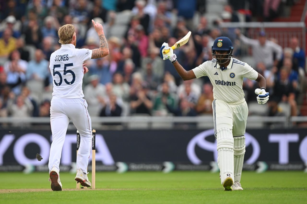 Ben Stokes celebrates as B Sai Sudharsan chastises himself, England vs India, 4th Test, 1st day, Manchester, July 23, 2025