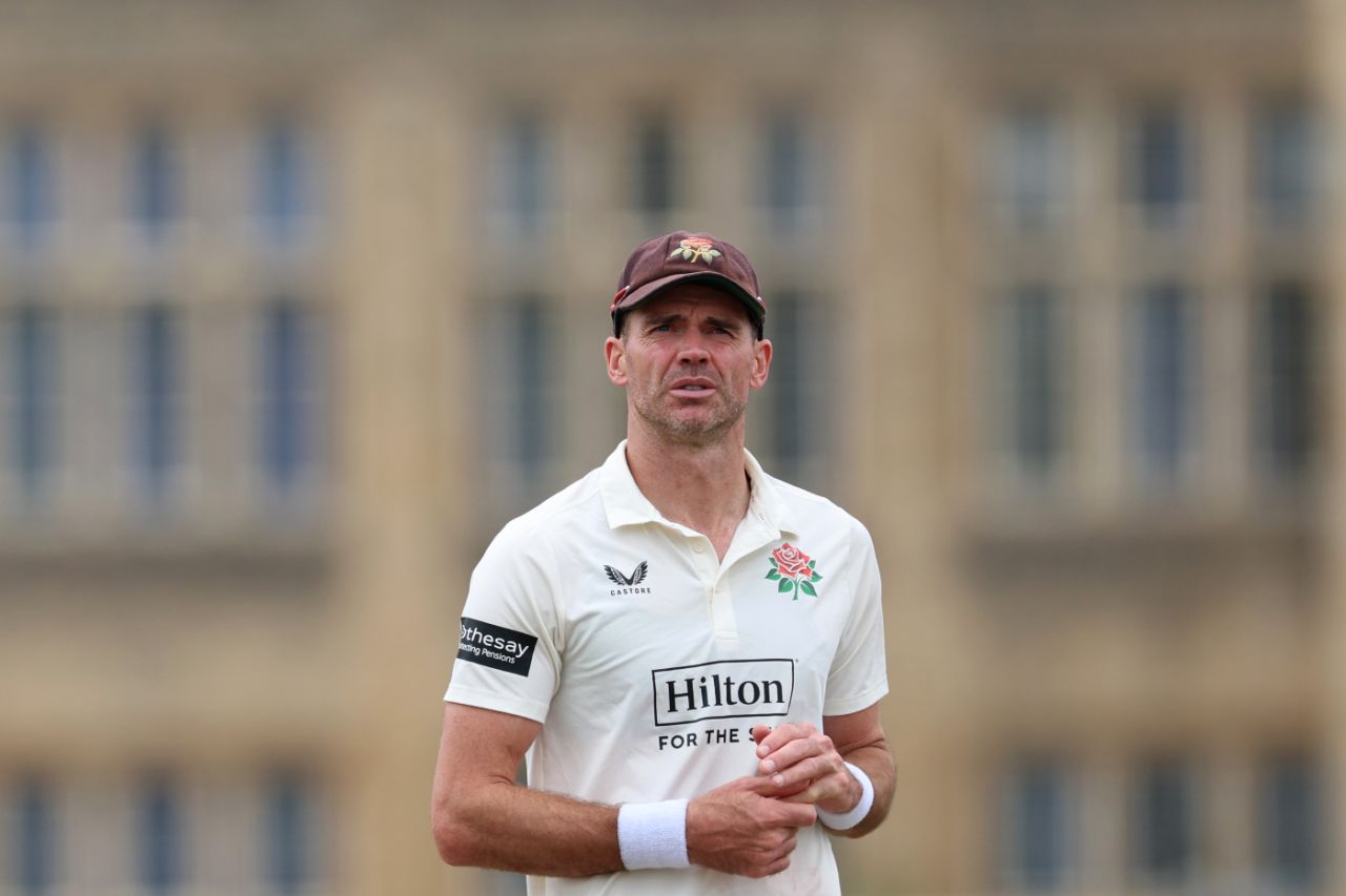 James Anderson contemplates during Gloucestershire's innings, Gloucestershire vs Lancashire, County Championship, Cheltenham, July 24, 2025