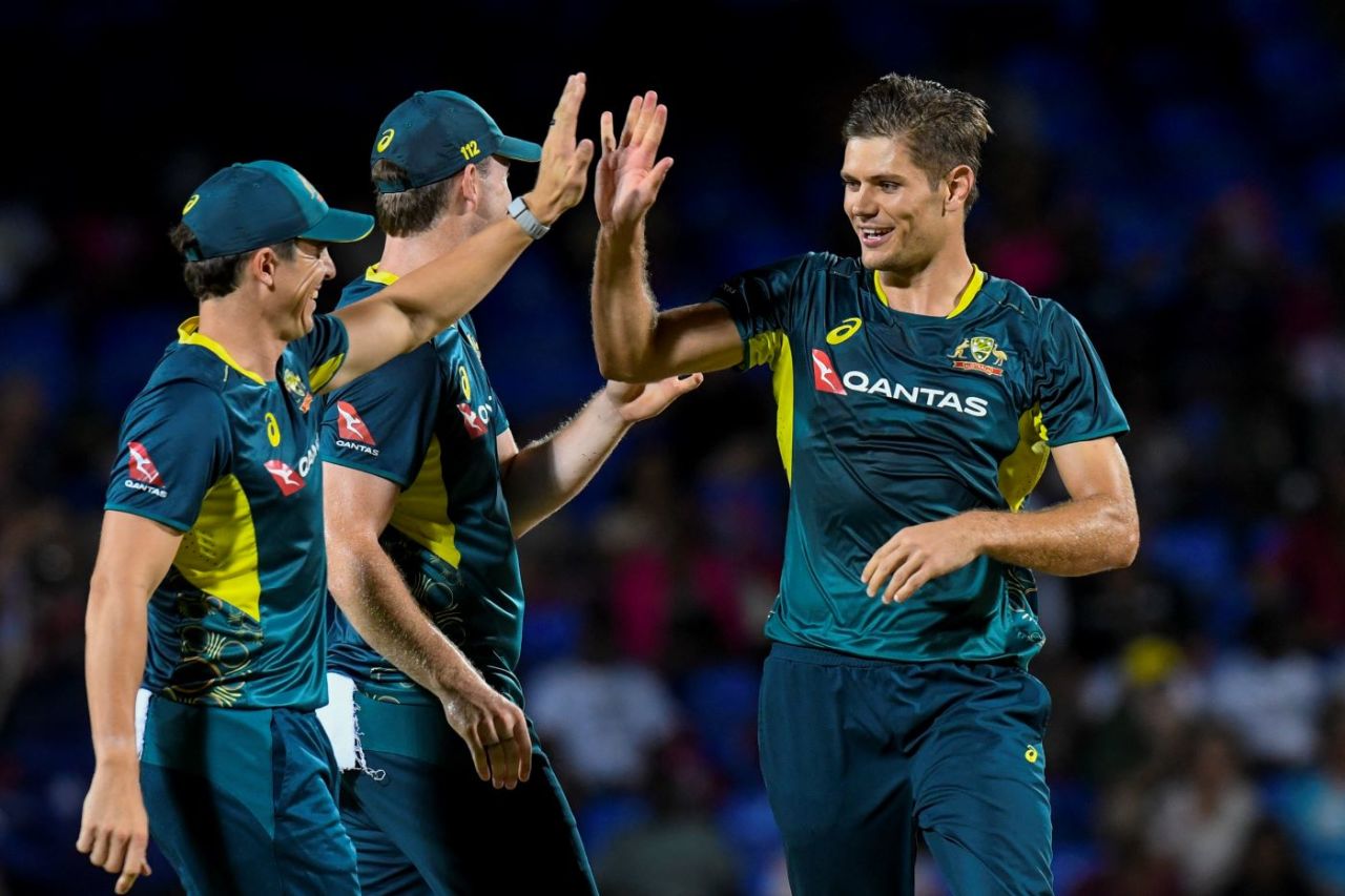 Aaron Hardie celebrates a wicket on return, West Indies vs Australia, 4th T20I, St Kitts, July 26, 2025