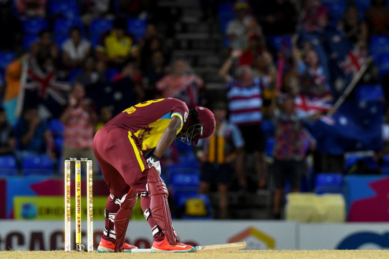 Sherfane Rutherford drops his bat in frustration after being dismissed, West Indies vs Australia, 4th T20I, St Kitts, July 26, 2025