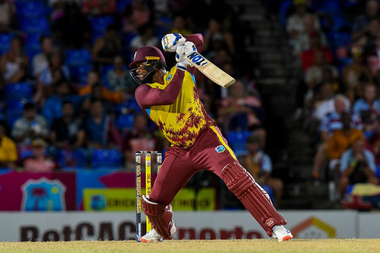 Romario Shepherd slices the ball away, West Indies vs Australia, 4th T20I, St Kitts, July 26, 2025