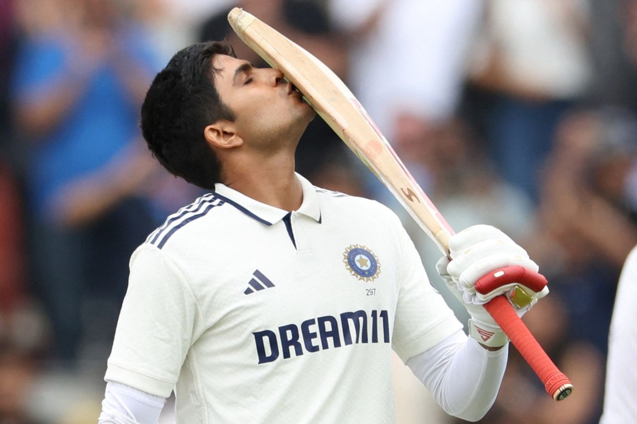 Shubman Gill celebrates his fourth century of the series, England vs India, 4th Test, Manchester, 5th day, July 27, 2025
