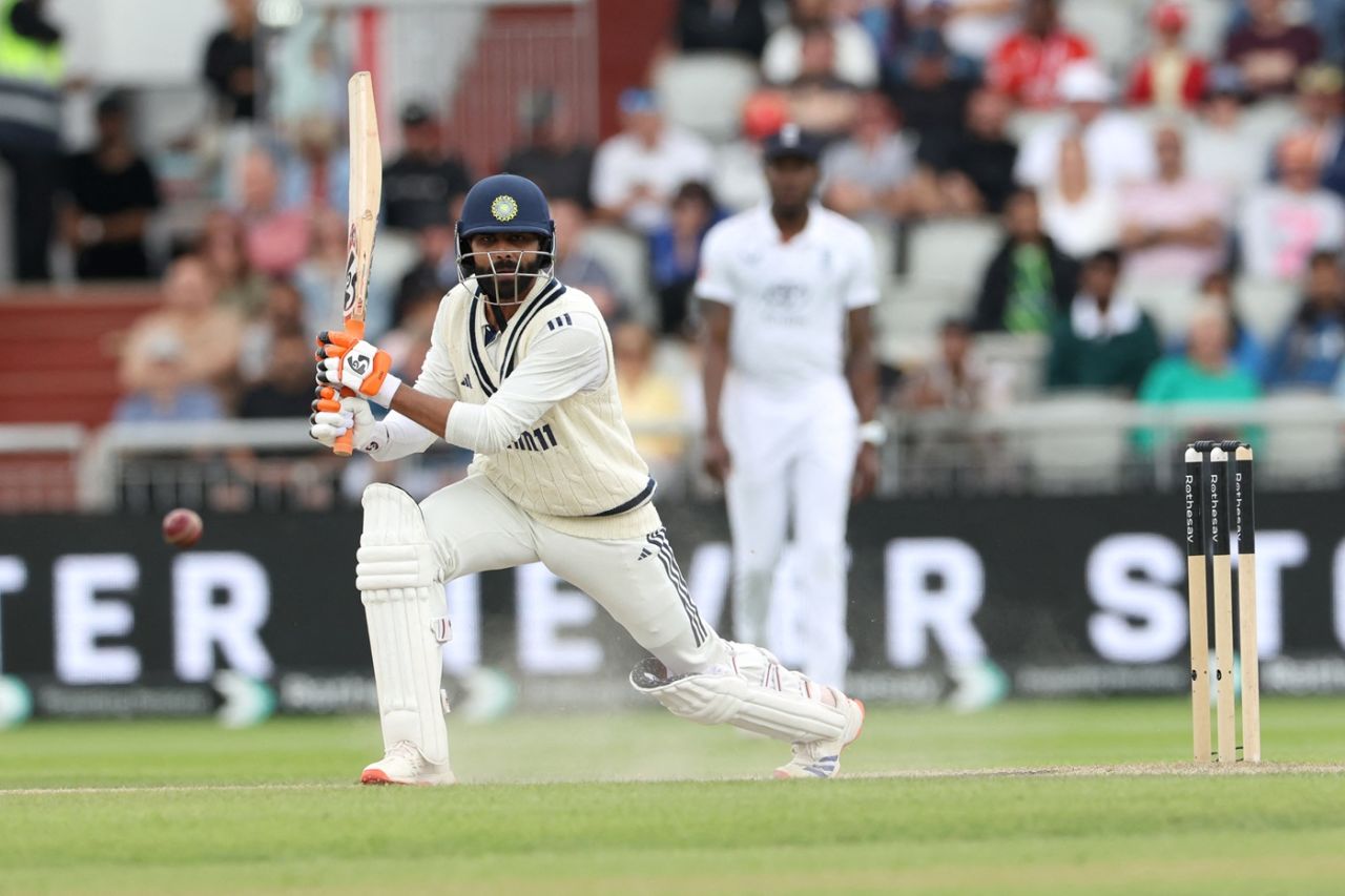 Ravindra Jadeja drives on the off side, England vs India, 4th Test, Manchester, 5th day, July 27, 2025