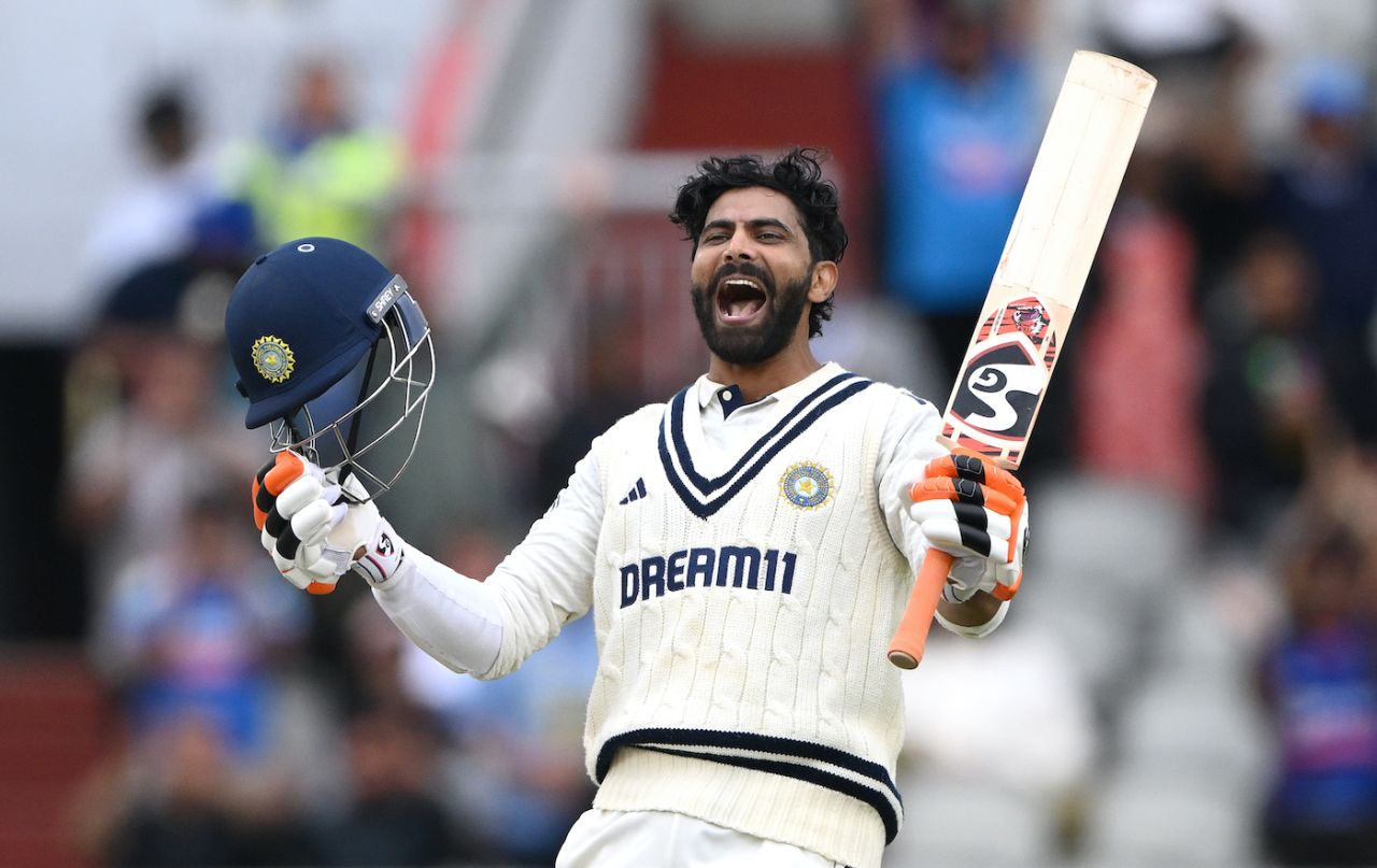 Ravindra Jadeja celebrates his century, England vs India, 4th Test, Manchester, 5th day, July 27, 2025