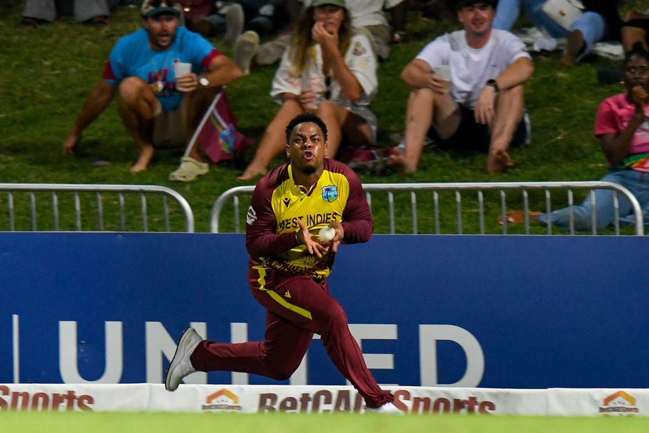 Shimron Hetymer took the catch to remove Tim David, West Indies vs Australia, 5th T20I, St Kitts, July 28, 2025