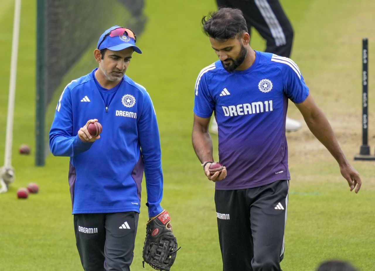 Gautam Gambhir chats with Akash Deep during India's practice session, The Oval, July 29, 2025