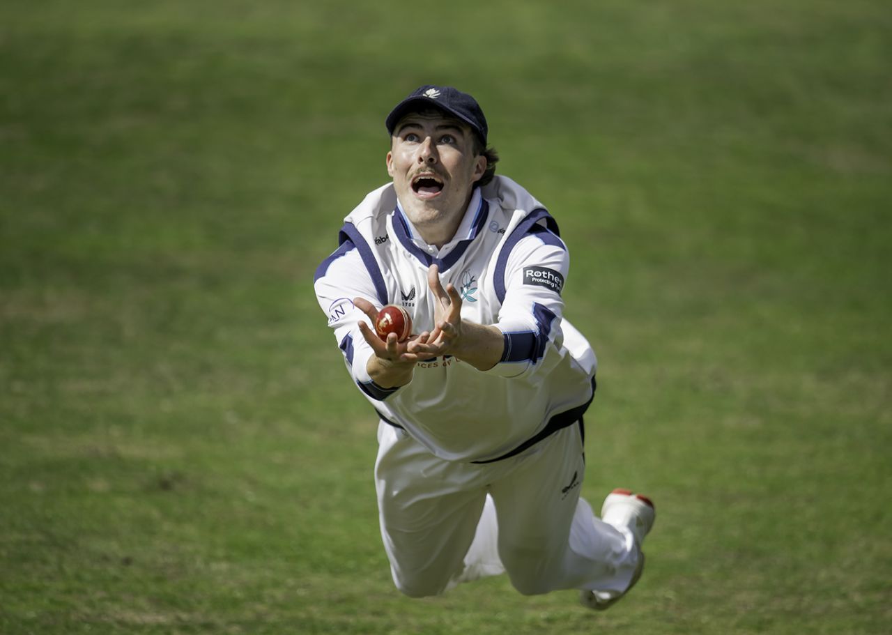 James Wharton pulls off a brilliant diving catch to dismissed Tom Haines, Yorkshire vs Sussex, County Championship, Division One, Scarborough, July 29, 2025