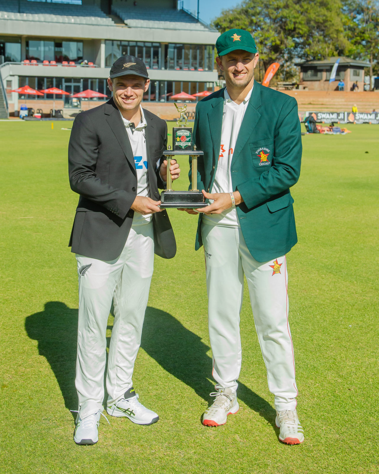 Tom Latham and Craig Ervine pose with the series trophy, Zimbabwe vs New Zealand, 1st Test, 1st Day, Bulawayo, July 30, 2025
