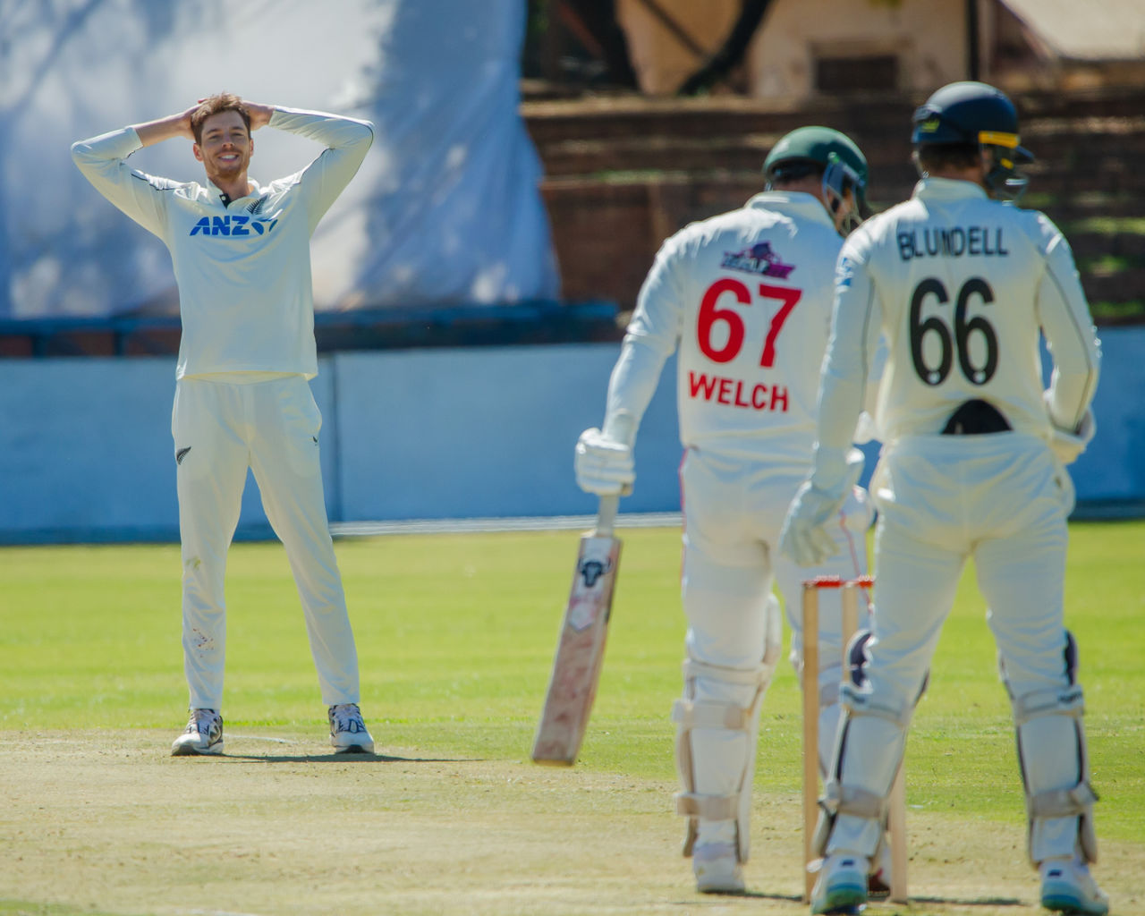 Mitchell Santner reacts after a ball, Zimbabwe vs New Zealand, 1st Test, 1st Day, Bulawayo, July 30, 2025